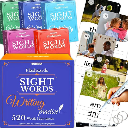 QUOKKA 520 Sight Words Flash Cards for Kids Adults – from Pre-K to 3rd Grade – 5 Levels & Bold Font & Jumbo Size & Dry Erase Cards with Realistic Images & Rings – Based on Dolch & Fry Word Lists