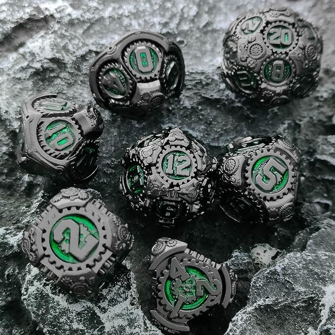 Geakeeper Construct D&D Dice, Metal DND Dice Set, 7Pcs Polyhedral Dragon Metallic D&D Dice with Gift Case for Dungeons and Dragon Game, RPG Role Playing Table Game Gifts (Black Nickel Green)