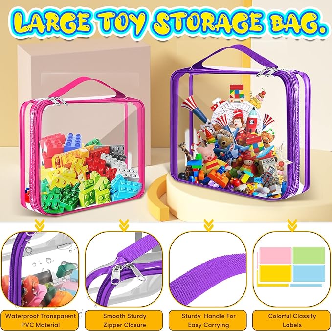 AOBOPLE 6 Packs Toy Storage Bags with Zipper,2 Size Clear Toy Organizer Bags,Waterproof Lego Organizers and Storage,Toy Bags for Board Games,Building Blocks,Puzzles,Kids Books