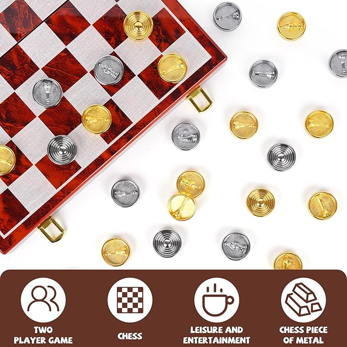 2-in-1 Metal Chess and Checkers Set for Adults & Kids –Travel Chess Sets Luxury Wooden Foldable Chessboard with Storage – Portable Classic Family Strategy Board Game with Metal Chess Pieces