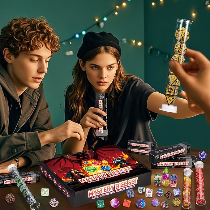 QMAY Mystery Dice Box - 48PCS DND Dice Set, Random Dice Patterns, 6 Surprise Boxes, Polyhedral Dice with Dice Display Tube, D&D Gifts Box for Dungeons and Dragons, RPG, MTG,Role Playing Table Game