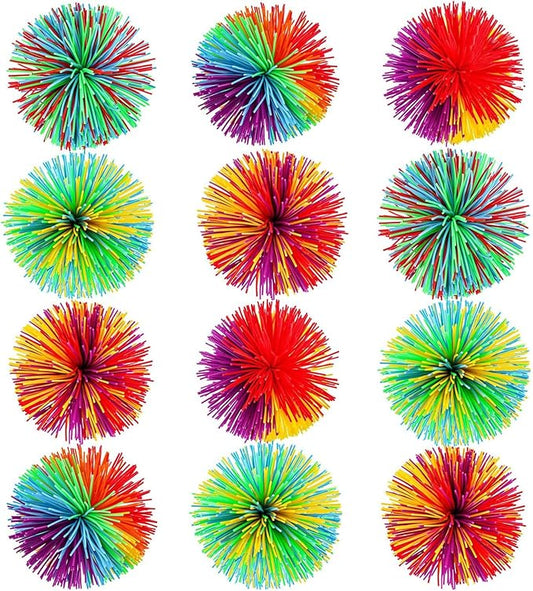 Leinuosen 12 Pieces Monkey Stringy Balls Sensory Stringy Ball Soft Rainbow Pom Bouncy Stress Bags Stuffers Party Favors Birthday Gifts, Multicolor (2.75 Inch)