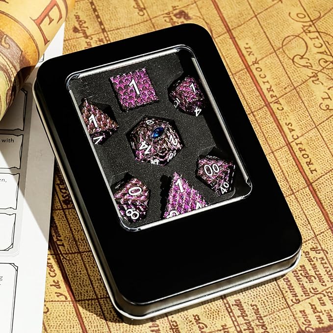 Metal Dice Set D&D,7 PCS Dragon Scale Metallic DND Dice Set,Dragon Eye Metal Dice with Grogeous Gift Case for Dungeons and Dragon Tabletop Game (Glitter Purple Dragon Scale & Blue Eye)