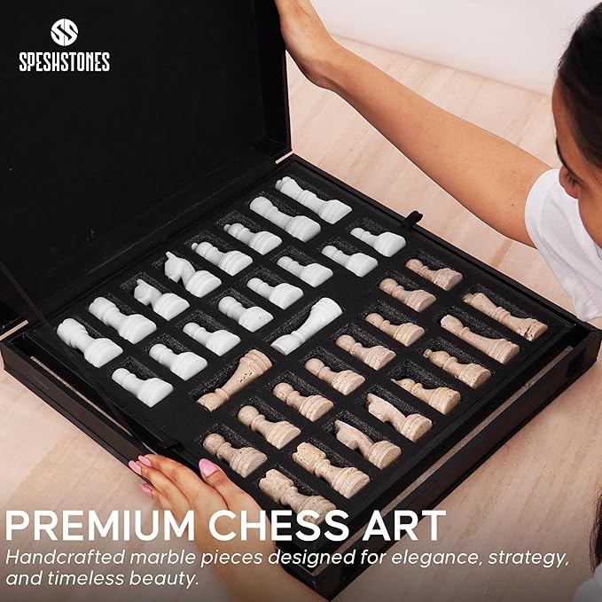 Marble Chess Set 15 Inch Travertine & White Checkers Board Game with Pieces, 2 Extra Queens and Storage Box, Strategy Set for Adults & Family, Travel, Tabletop Play