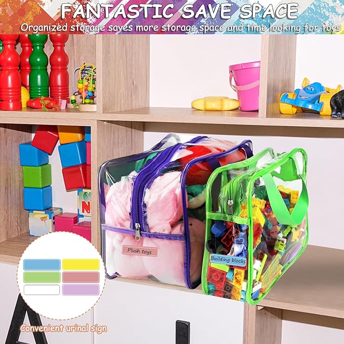 6 Colors Large Toy Storage Bags with Labels, Reusable Clear PVC Board Game Storage, Travel Waterproof Organizer Bags with Zipper for Building Blocks, Puzzle, Kids Books(3 large & 3 Extra Large)