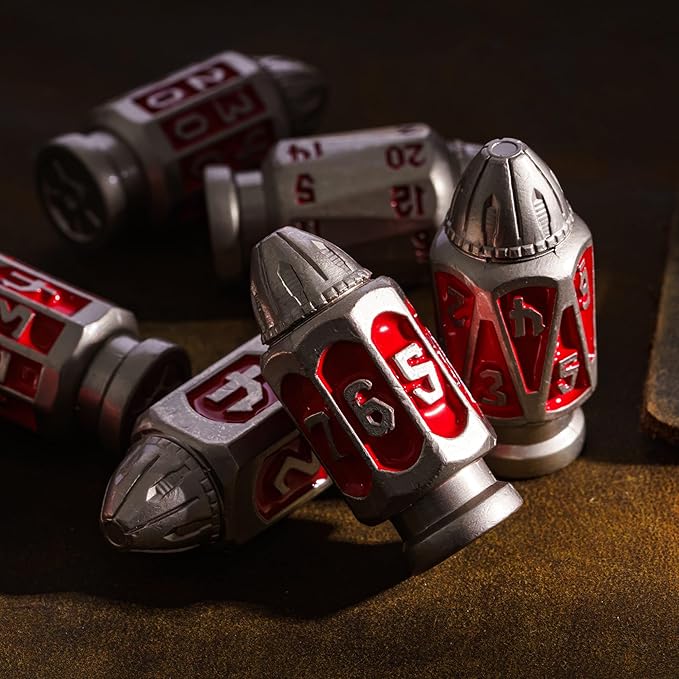 UDIXI Metal Dice Set D&D 7-Die RPG Polyhedral Bullet Dice Set Cyberpunk Style with Metal Container for Role Playing Game or Other Tabletop Games(Nickel Red)