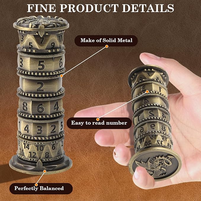 Pagoda Dice Spinner, 7 in 1 Metal Unique Roulette Dice for Sci-Fi, War, Crime Theme Tabletop Games