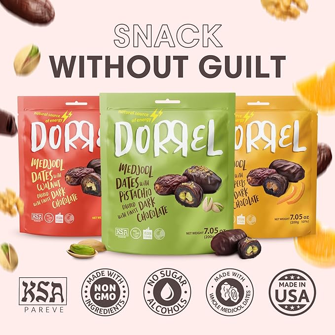 DORREL - Trio Bundle Pack: Belgian Dark Chocolate Covered Dates (Medjool) with Candied Orange Peels, Pistachio & Walnuts Stuffing, High Energy Vegan Choco Snack, Kosher & Non-GMO Pack of 3, 7.05 oz Ea