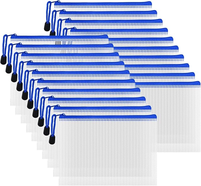 AUSTARK 20Pcs Board Games Storage Bags, PVC Mesh Zipper Pouches, Zippered File Bags, Plastic Waterproof Storage Bags for Office School Home Travel Cosmetic (B6 Size 7.6 x 5.3 Inches, White and Blue)