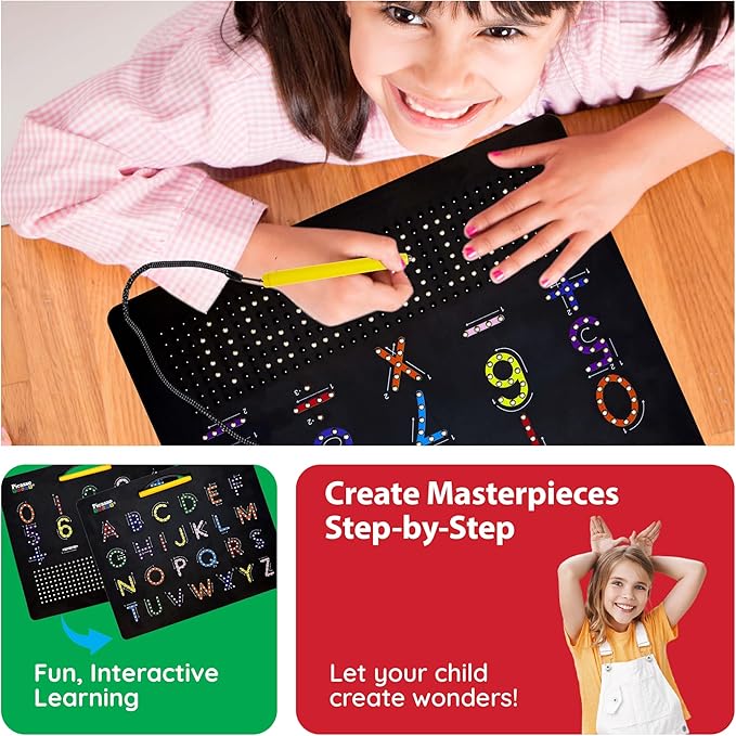 PicassoTiles 2-in-1 Magnetic Drawing Board Toy 12x10 inch Large Magnet Bead Tablet Pad with 2 Facings Alphabet+ Math STEM Free Style Educational Erasable Learning Writing Playboard in Black PTB02