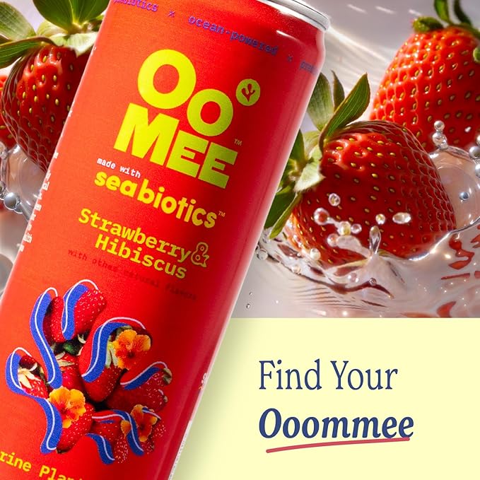 OoMee Prebiotic Drink | Strawberry & Hibiscus | Plant-Based Vegan Beverage with Marine-Sourced Agar Prebiotics (Seabiotics) for Digestive & Gut Health Functional Drink – 12oz Cans, 12-Pack