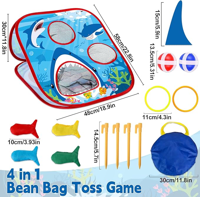 31PCS 4 in 1 Shark Bean Bag Toss Game for Kid Outdoor Ocean Toss Game with Shark Dorsal fin Foldable Cornhole for Party Supplies Board Toy for Toddler Tic Tac Toe Target Christmas