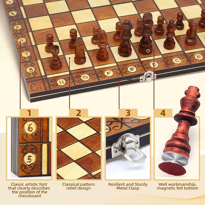 11.4" 3-in-1 Magnetic Chess, Checkers, and Backgammon Set - Extra Queens - Wooden portable and foldable Board game, Travel Game Set for Adults, Kids and Elder - Gift for parents and children