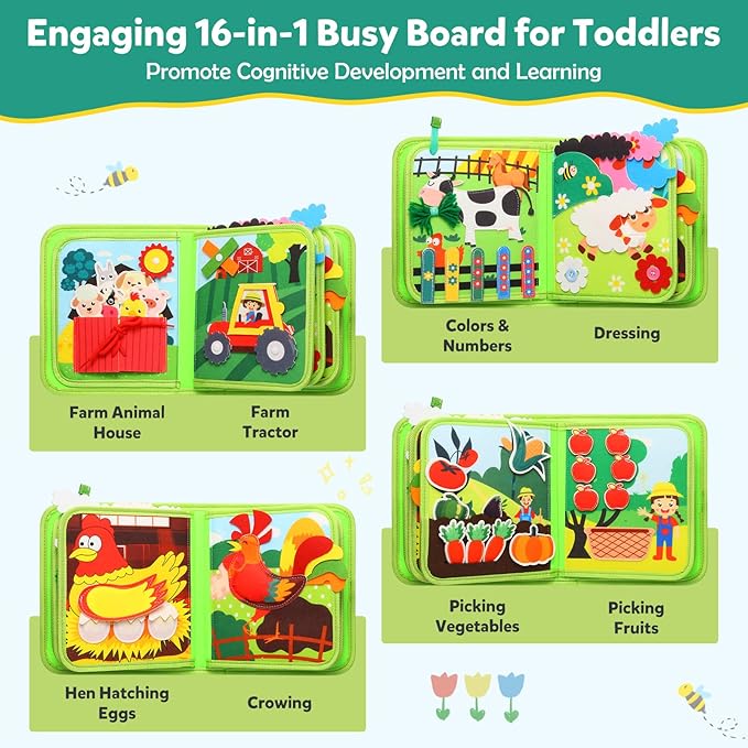 Busy Book for Toddlers 1-3 - Montessori Toys Busy Board for 1 Year Old Boy Girl Toys Educational Quiet Activity Books Learning Board Toddler Airplane Travel Toy Birthday Gift - Farm Animals