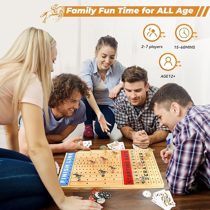 Horse Race Board Game 21" Large Horse Racing Game with 11 Luxury Metal Horses, Foldable Wood Chess Board with Storage Bag, 2 Wood Dice, Chips Set, Playing Guide for Family Friends Party Games