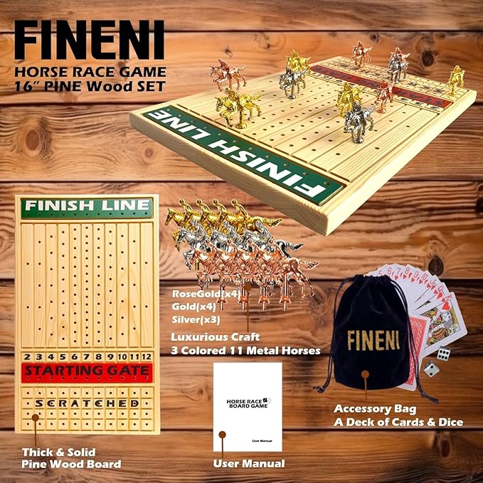 Racing Game for Adults With 11 Luxurious Metal Horses (Silver, Black, Rose Gold), 16" Pine Wood Race Game Board, Dice & Card Included (Log Color)