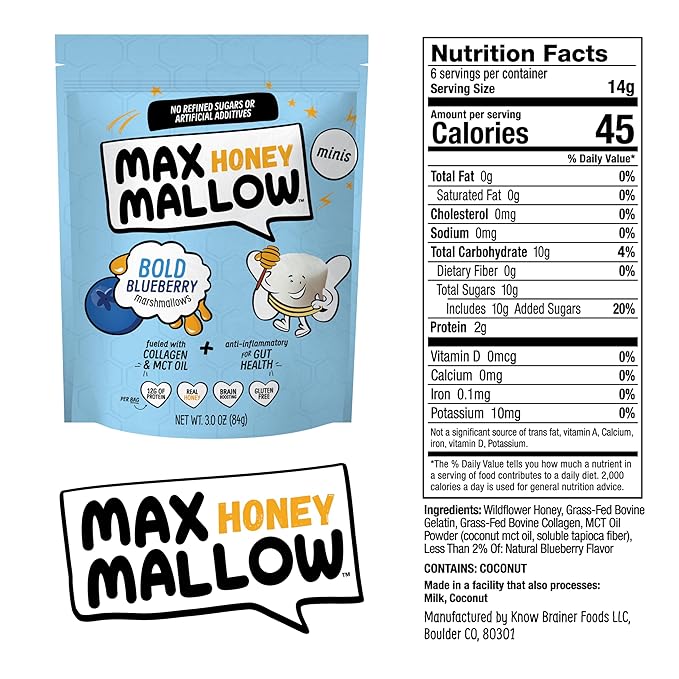 Max Mallow Bold Blueberry Mini HONEY Marshmallows – Gut Friendly, Gluten Free, No Refined Sugars, Real Wildflower Honey, Collagen-Infused Snack (6 Pack, Bold Blueberry)