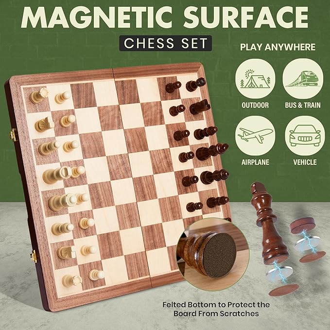15'' 2 in 1 Wooden Magnetic chess and checkers set (2 Extra Queens, Foldable Chess set & Cotton Storage Bag) Magnetic Chess Sets for Adults with Color Gift Box, Handmade Checkers Board Game