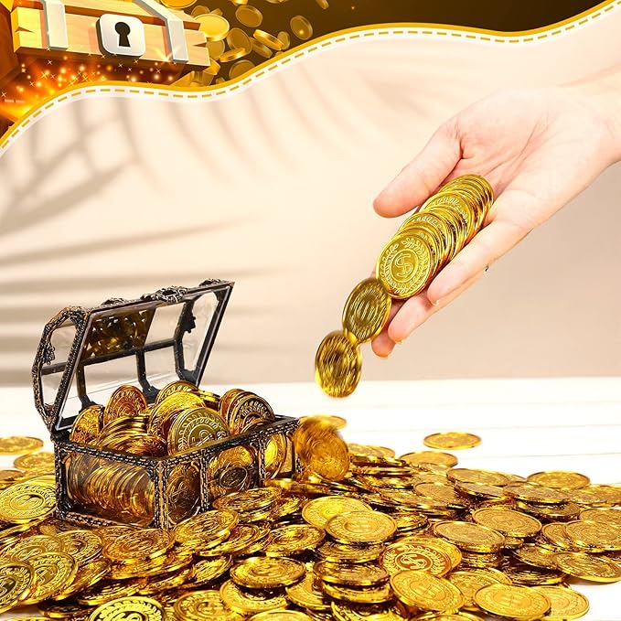 Hanaive 800 Pcs Plastic Pirate Coins Gold Treasure Spanish Doubloon Fake St. Patricks Toy Coin for Kids Board Games Pirate Party Cosplay Teachers Classroom Reward (Gold, Classic)