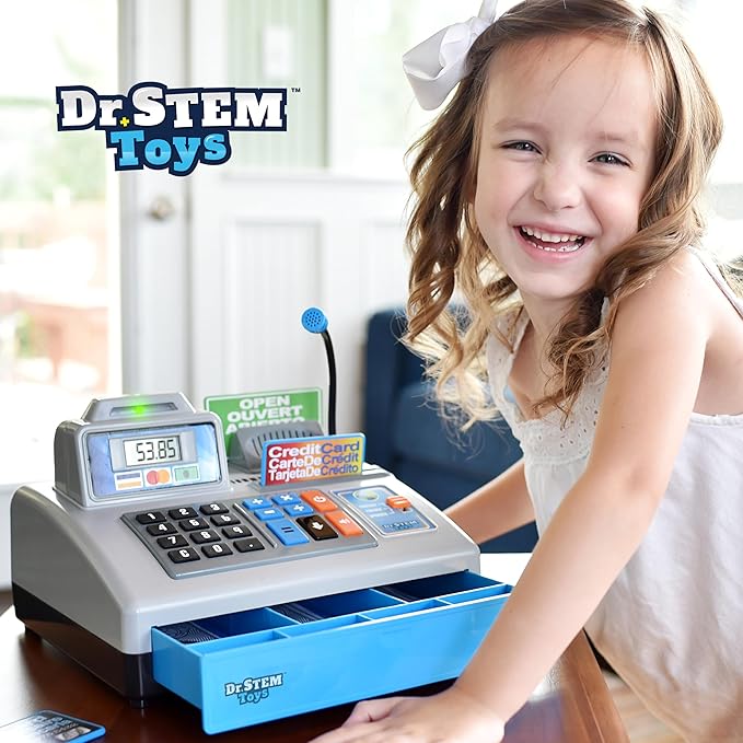Dr. STEM Toys | Talking Toy Cash Register | STEM Learning 69 Piece Pretend Store with 3 Languages, Paging Microphone, Credit Card, Bank Card, Play Money and Banking for Kids, Silver