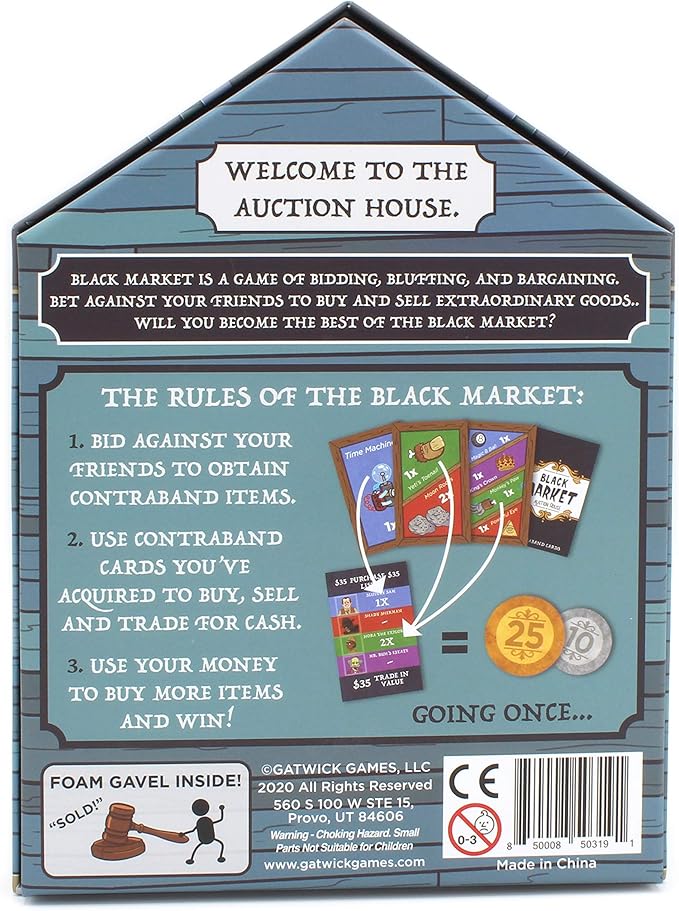 Black Market Auction House - A Game of Bidding, Bluffing & Bargaining, Adult Games for Game Night and Family Game Night, Board Games for Teens, 2-6 Players