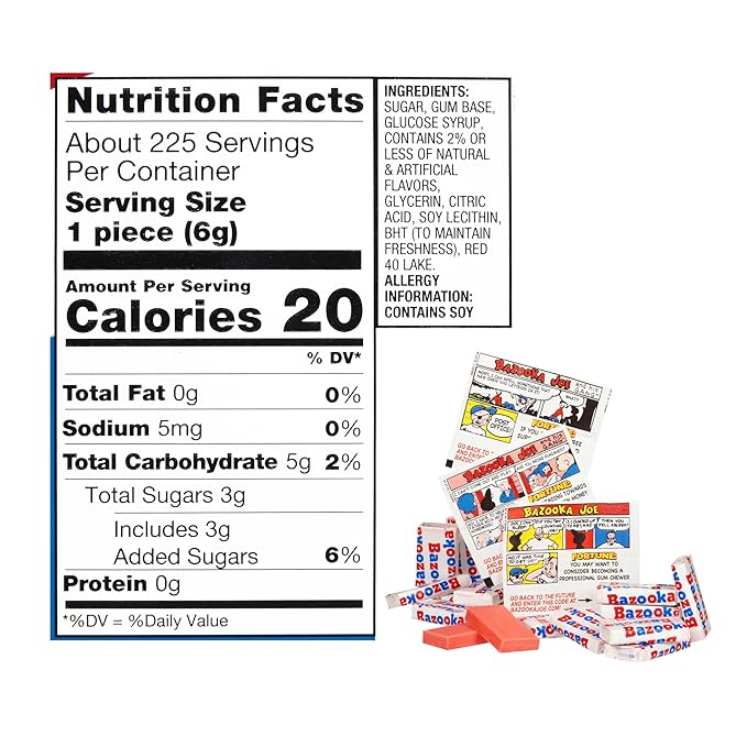 Bazooka Bubble Gum Bulk, 225 Count Tub of Chewing Gum Individually Wrapped, Old Fashioned 90's Candy for Baseball, Party Favors, Goodie Bags