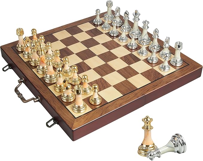 16.5" Large Wooden Chess Set with Weighted Acrylic Chess Pieces,Folding Chess Board Games with Handle 3.5" King Portable Classic Game for Adults and Kids