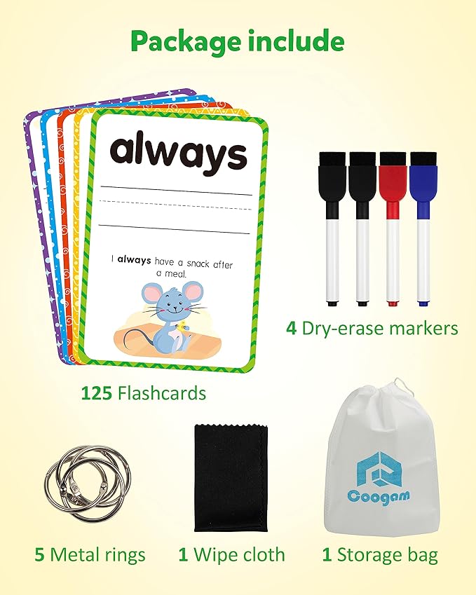 Coogam Sight Words Kids Learning Flash Cards, 250 Dolch Word Game Reading Vocabulary Card Montessori Toy for Kindergarten Preschool 3 4 5 Years Old Toddlers