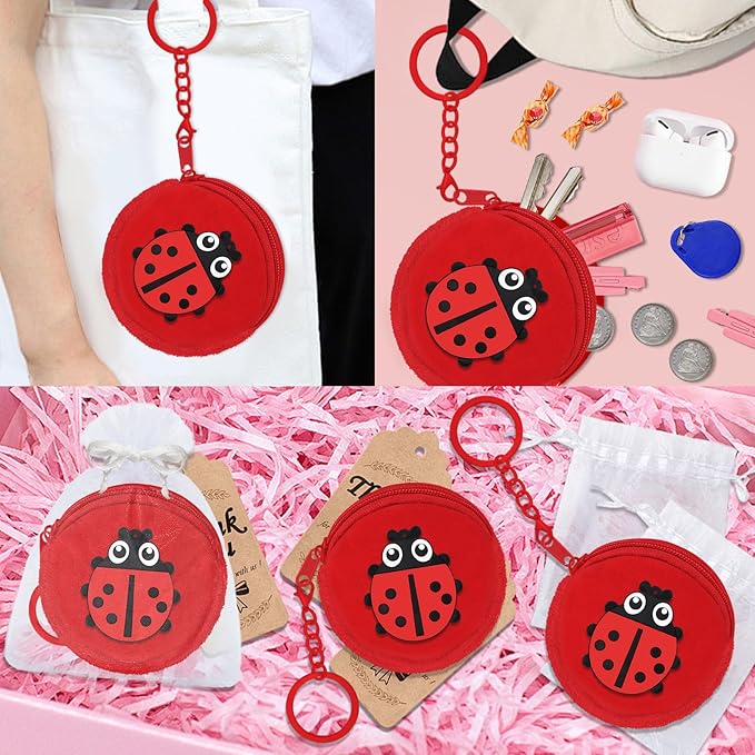 36 Pack Ladybug Change Purses Set Include 12 Ladybug Wallets with Keyrings, 12 Thank You Tags and 12 Organza Bags for Ladybug 1st Birthday Baby Shower Birthday Party Decoration,Red