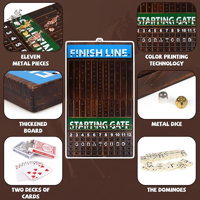 Deluxe Folding Horse Racing Board Game Set with Metal Horses, Foldable Board, Metal Dice, Domino Set, and Card Game – Premium Family Strategy Board Game for Parties, Travel, and Game Night