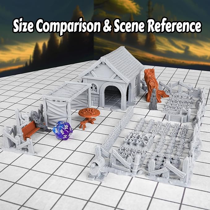 47pcs Village Yard Terrain Set for DND and Tabletop Games, 28mm Miniatures, 3D Printed Plastic