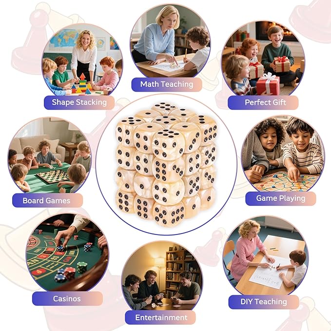 36 Pieces 12mm 6 Sided Mini Dice Set,Pearl Pattern D6 Game Dice Set,6 Sided Standard Game Dice for Board Games Dice Games Classroom Teaching Dices Game,with Portable Gaming Box(Beige)