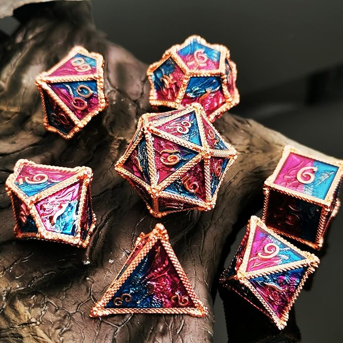 HAOMEJA DND Dice Metal Dragon Set Dice 7 Role Playing Dice D&D Solid Dice Dungeons and Dragons (Red Copper Blue Purple)