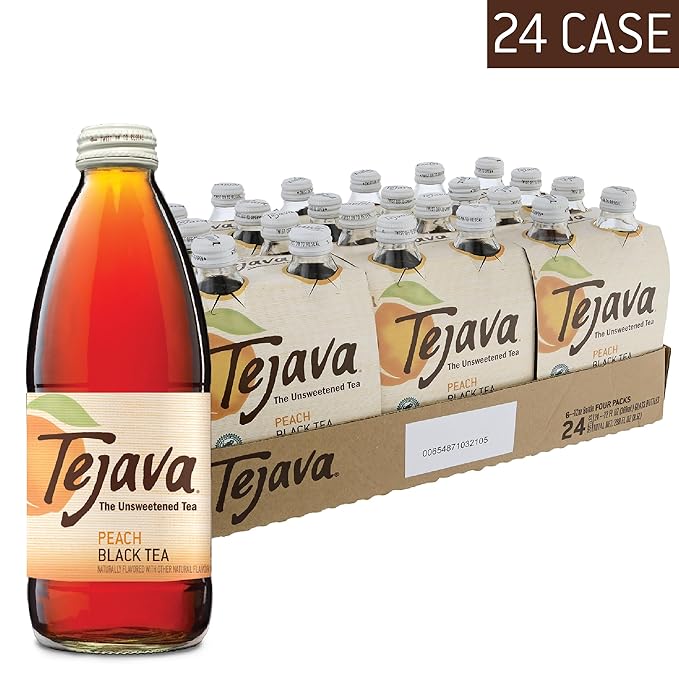 Tejava Peach Black Iced Tea, 24 Pack, 12oz Glass Bottles, Unsweetened, Non-GMO, Kosher, No Sugar or Sweeteners, No calories, No Preservatives, Brewed in Small Batches