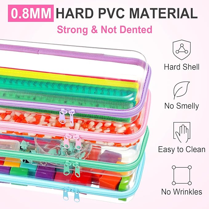 Hoolerry 4 Pcs Hard Clear Zipper Case Transparent Cases for Snacks Makeup Bag Plastic Storage Box Containers for Building Blocks, Puzzles, Cosmetics (Pastel,13.2 x 4.7 x 2.4 in)