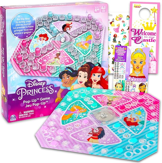 Disney Princess Pop Up Game - Bundle with Disney Princess Board Game with Pop Up Dice, Create-a-Face Stickers, More | Disney Princess Games for Girls