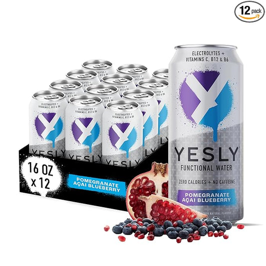 Yesly Functional Water, Pomegranate Acai Blueberry, Naturally Flavored Still Water with Electrolytes, Magnesium, Potassium, Vitamin C, B6 & B12, Zero Sugar, No Artificial Sweeteners, 16 Fl Oz Cans, 12 Pack