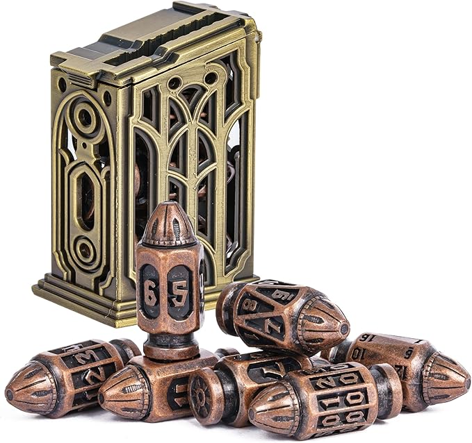 UDIXI Metal DND Bullet Dice Set with Unique Container, 7-Die Solid Polyhedral Metal Dice Set for D&D, Role Playing Game or Other Tabletop Games(Copper)