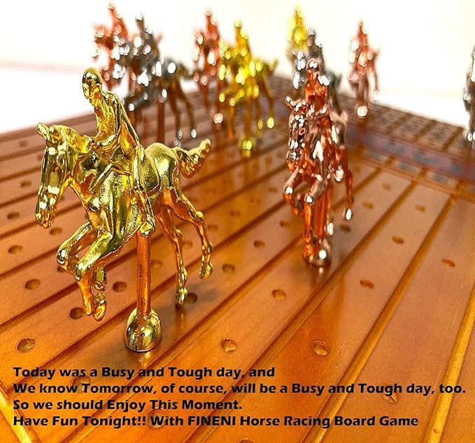 Horse Racing Game for Adults - 11 Luxurious Metal Horses (Silver, Black, Rose Gold), 16" Dark Pine Wood Race Board, Dice & Card Included (Dark Color)