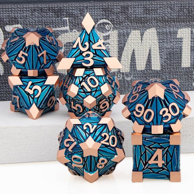 7PCS Metal DND Dice Set with Box, Debris RPG Copper Blue D and D Dice for use with D&D Tabletop Games Role Playing Game Polyhedral Dice Set D20 D12 D10 D8 D6 D4