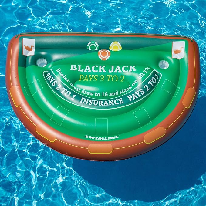 Swimline Inflatable Blackjack Game Table Raft with Waterproof Cards Green/Brown, 60"/40"/12"