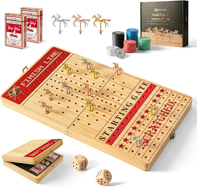 Horse Race Board Game, Large 21" Horse Racing Board Game with 11 Luxury Metal Horses, Foldable Solid Wood Horse Racing Game with Tokens, 2 Sets of Dice, 2 Boxes of Cards for Parties
