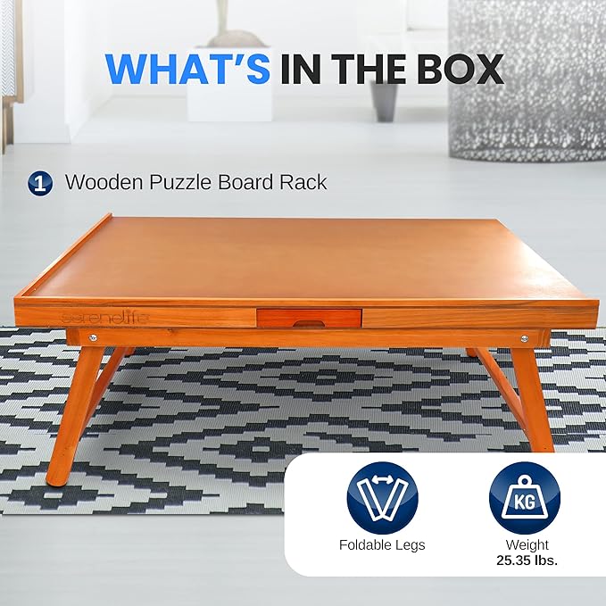 SereneLife Wooden Jigsaw Puzzle Table with 6 Removable Sliding Storage Drawers and Foldable Legs, Smooth Plateau Fiberboard Work Surface and Reinforced Hardwood, for Games and Puzzles, Kids&Adults