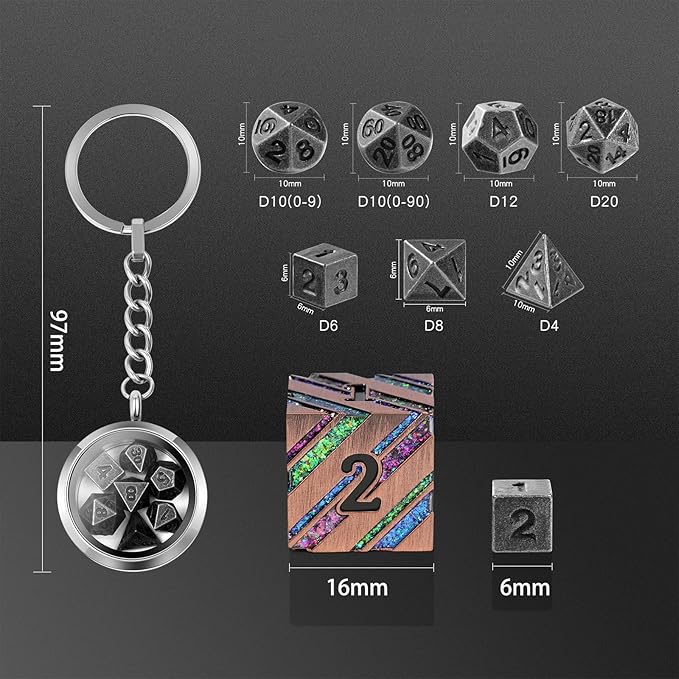 Mini DND Dice,DNDND 6mm Metal Dice Set with Kyechain Silver Stailess Steel Case and Gorgeous Gift Box for Dungeons and Dragon D&D Game (Iron with Silver Case)