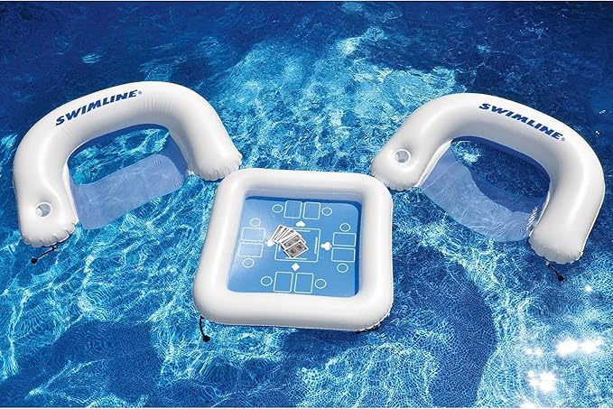 SWIMLINE ORIGINAL Inflatable Game Table Station With Waterproof Playing Cards & Two Inflatable Sling Chairs W/ CupHolders | Double Sided Game Set | Poker & Card Games | Chess & Checkers