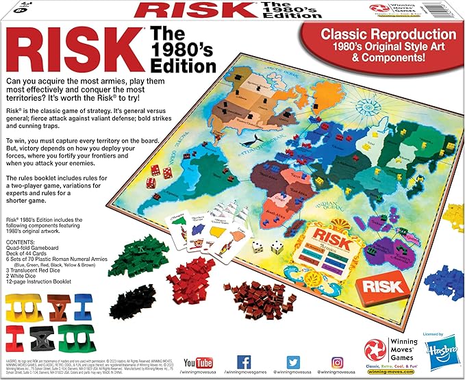 Risk The 1980's Edition With Original 1980's Artwork and Components by Winning Moves Games USA, Strategy Board Game of World Domination for 2 to 6 Players, Ages 8+