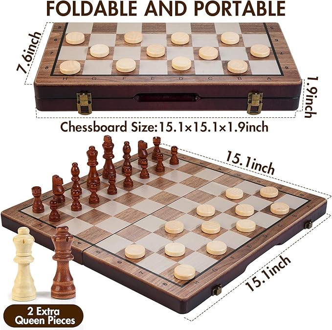 2 in 1 Magnetic Wooden Chess Set & Checkers Board Game, 15’’ Folding Chess Board with Pieces Storage Slots, 2 Extra Queens, Portable Travel Chess Set for Kids Adults Beginner Age 3+