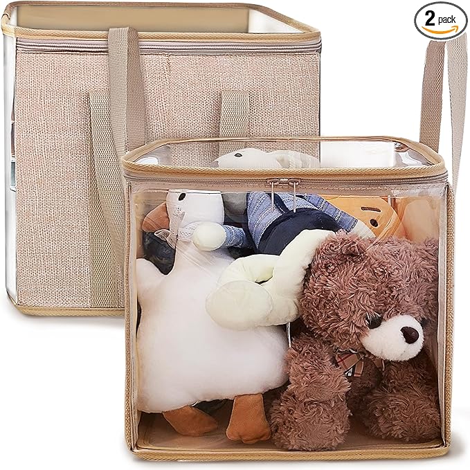 holay 2 Pack Storage Bins PVC Boxes with Transparent Lid & Handles - Durable & Foldable - Multi-Purpose Organizer for Clothes, Books, and More (Brown, Large)
