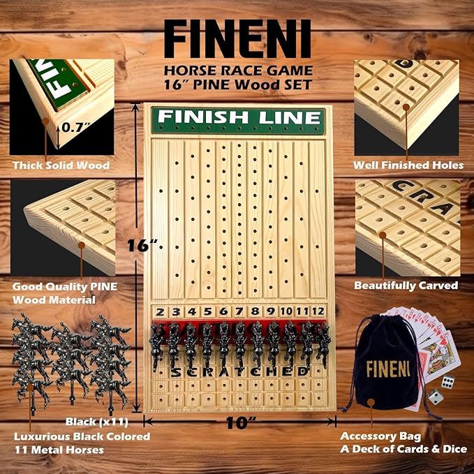Horse Racing Game for Adults, Luxurious Metal Horses (Black) on 16' Pine Wood Board, Dice & Card Included