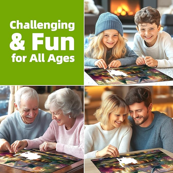 Victorian House Sunset 500 Piece Puzzle for Adults - Jigsaw Puzzles with Autumn Flowers & Scenic Landscape - Lakeside Cottage Challenging Puzzles for Adults & Seniors Gift (23"x15")